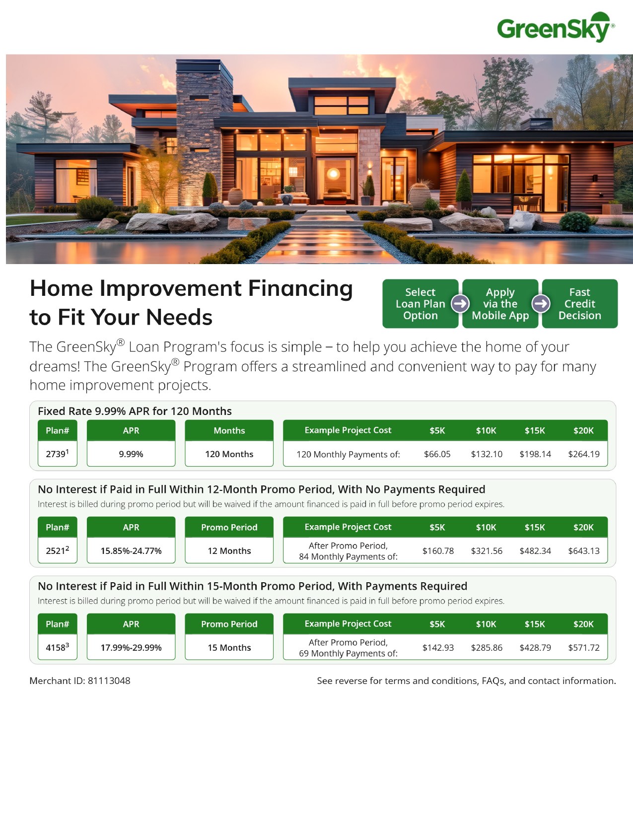 GreenSky financing plan options for Renew Exterior Lighting: fixed 9.99% APR for 120 months, no interest if paid in full within 12 months, and no interest if paid in full within 15 months