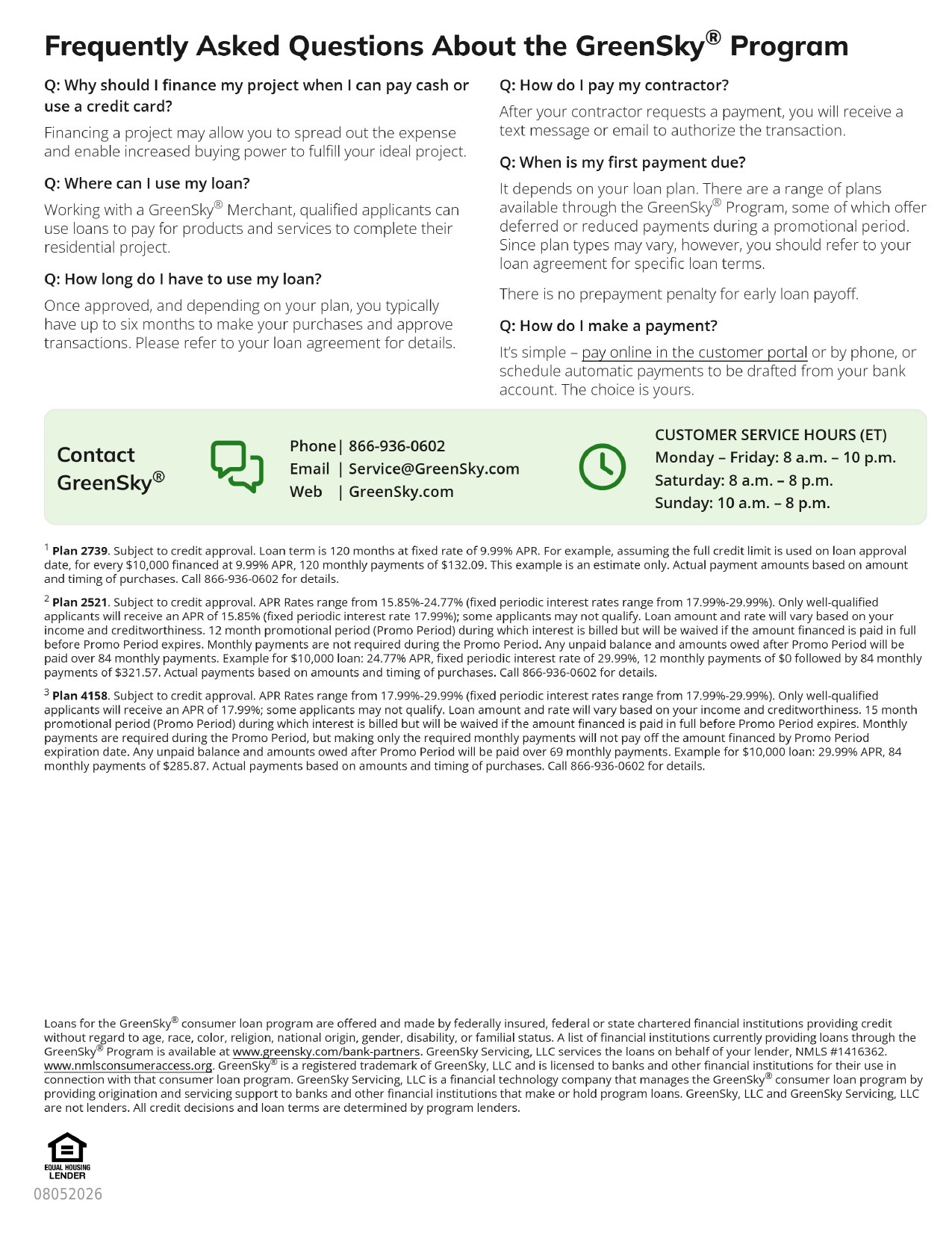 GreenSky program frequently asked questions, full plan terms, APR disclosures and contact information